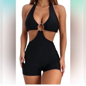 Black Hilinker S Black SEXY Cutout o ring Halter SHORTS MONOKINI ONE PIECE
